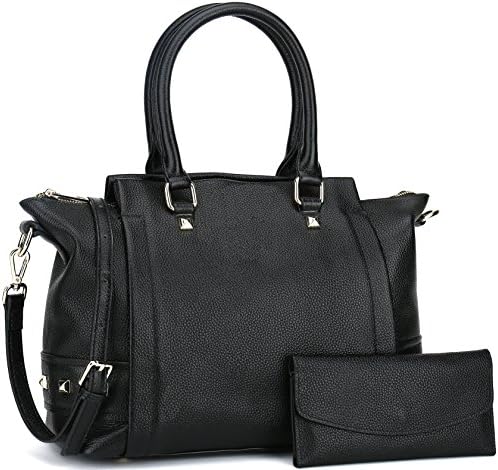 Women's Genuine Leather Handbag Leather Tote for Work Wallet and Handbag 2 Piece Set (Black)