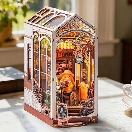 Rolife Book Nook Kit Houses Miniatures to Assemble Holiday Coffee Puzzle Wood 3D Adults with Lights Home Decoration Book Models to Build Adults Gift for Teacher Mother Children