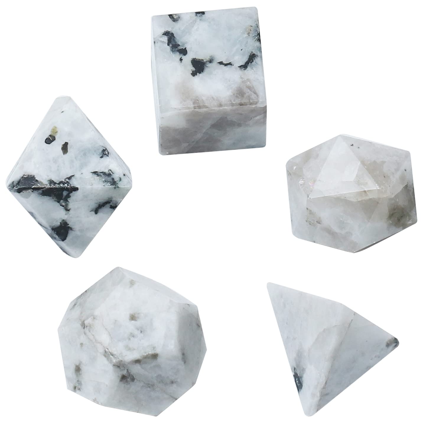 Crocon® Rainbow Moonstone 5Pcs platonic solids crystal geometry set, Platonic Solids Sacred Geometric stones for Meditation Reiki Balancing Healing Chakra Stone Cleansing Spiritual Good Luck (15-20mm)