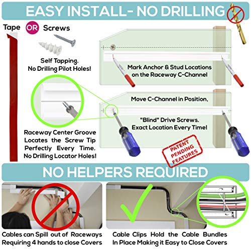 Cable Management On-Wall Raceway Kit, Easy Install, 200" Total w/19 Couplers, Covers Your Whole Project- Saves You Money, Conceal and Organize Cables & Wires Around Your Home, Office, TV - Thumbnail 5