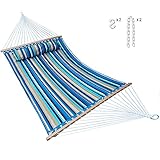 Hammock Quilted Fabric with Pillow Double Size Spreader Bar Heavy Duty Stylish for Outdoor Garden Patio, 14 FT, 2 Person 450 lbs Capacity(Blue Stripe)