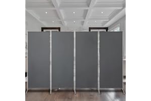 Maxhonor 4 Panels Room Divider 6 FT Tall Weave Material Room Divider, Double Hinged Folding Privacy Screens, Freestanding Room Dividers, Grey