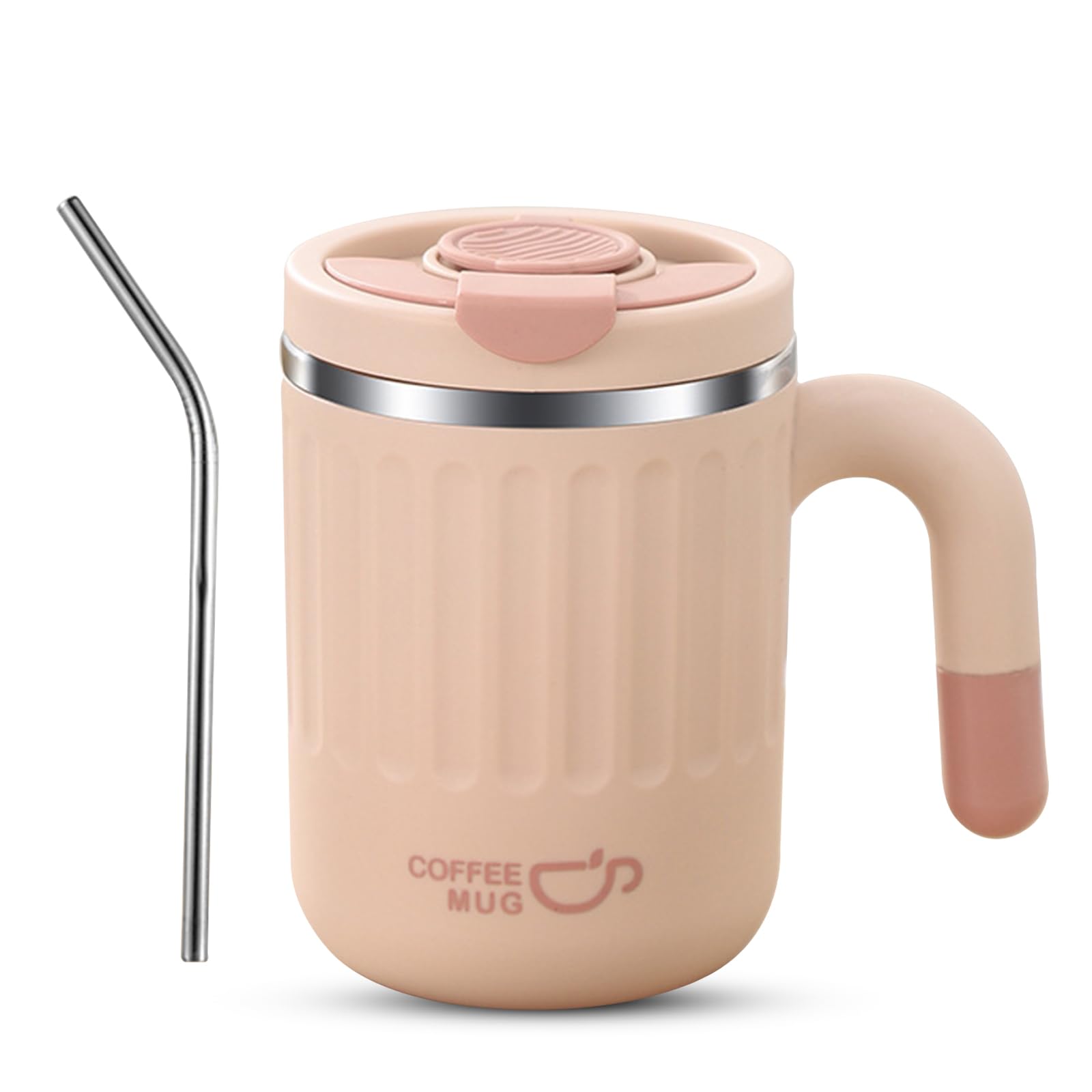 Kytpyi Coffee Cup, Coffee Cup Travel Mug, 480ml Anti-scalding Insulated Travel Coffee Mug with Lid Handle Straw for Coffee Drinks, Leakproof Stainless Steel Travel Mug for Home Office (Pink)