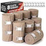 Premium Elastic Bandage Wrap - 8 Pack + 8 Extra Clips - Durable Compression Bandage (4X - 3 inch, 4X - 4 inch Rolls) Stretches up to 15ft in Length