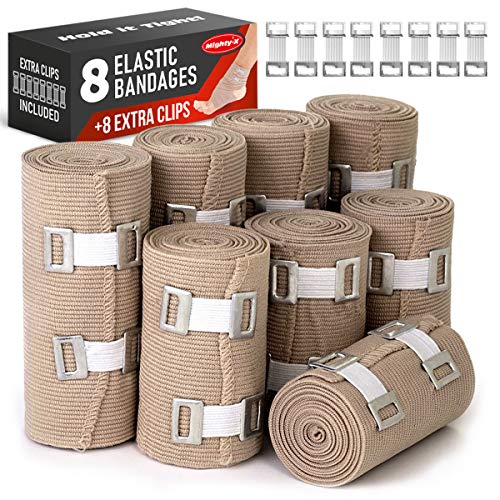 Premium Elastic Bandage Wrap - 8 Pack + 8 Extra Clips - Durable Compression Bandage (4X - 3 inch, 4X - 4 inch Rolls) Stretches up to 15ft in Length
