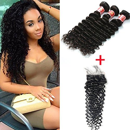 Ali Hot Sale Hair Product Brazilian Virgin Human Deep Wave Bundles With Lace Closure Free Part Grace Deep Curly 4x4 Closure With 3 Pieces Soft Feel Hair Extensions Natural Color (18with20 22 24)