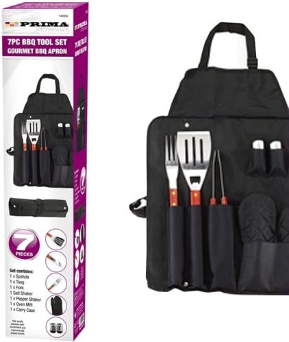 BARGAINS-GALORE NEW 7PC BBQ TOOL SET BARBECUE UTENSIL CAMPING STAINLESS STEEL APRON CUTLERY HOLDER FISHING