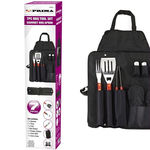 BARGAINS-GALORE NEW 7PC BBQ TOOL SET BARBECUE UTENSIL CAMPING STAINLESS STEEL APRON CUTLERY HOLDER FISHING | 7 PIECE BBQ APRON AND TOOL SET | STRONG QUALITY DURABLE LONG LASTING