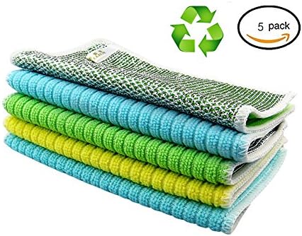 VOEN Kitchen Dish Cloths Microfiber Cleaning Rags Household Dishwashing Cloth with Poly Scour Side, Multi Color Random Delivery, 7.08" x 9.05", 5 Pack