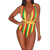 VOARYISA Women's One Piece Caribbean Flag Rasta Body Shaping Monokini Swimsuit Swimwear Bathing Suit