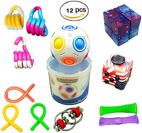 12 Pack Bundle Sensory Toys Set- Rainbow Magic Ball / Infinite Cube/ Fidget Cube / Bike Chain /Mesh Marble /Stretch Strings/ twisted toys.Helps Reduce Fidgeting Due to Stress and Anxiety for ADD, ADHD
