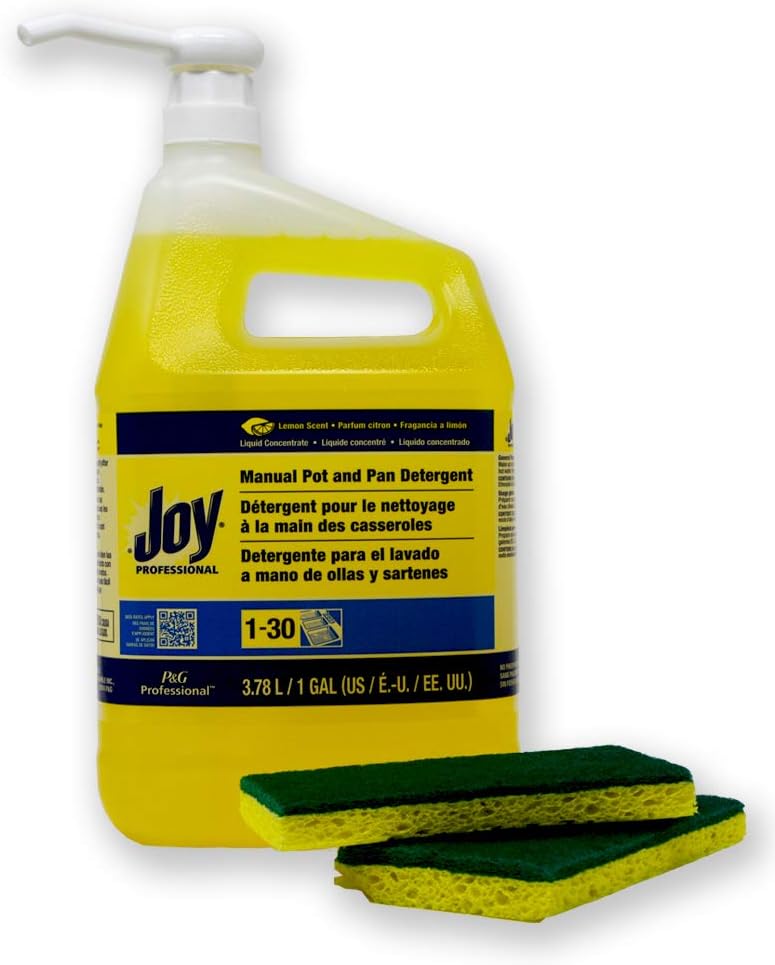 Joy Professional Pot and Pan Detergent, Lemon Scent, (128 FL oz.) 1 Gallon Bundle — Plus 1 Gallon Size Pump Dispenser and 2 Scrub sponges
