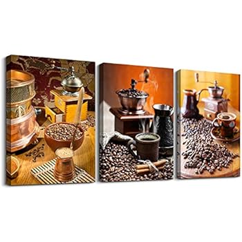 Kitchen Canvas Art Warm Coffee Prints Wall Art Coffee Bean Cup Pictures Paintings for Dining Room Kitchen Bar Home Decorations 3Panels Large Modern Stretched and Framed Contemporary Food Artwork decor