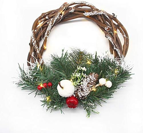 HOMETOOK Christmas Twig Wreaths with Lights for Front Door - 10 inch Grape Vine Artificial Xmas Pine Wreath - Christmas Decorations - Seasonal Ornaments (10inch)