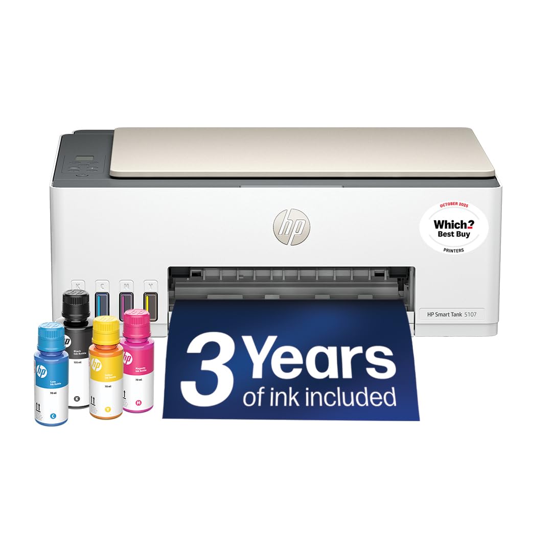 HP Smart Tank 5107 All in One Printer | Perfect for Home | Colour | Wireless | Print, Scan, Copy | Refillable | Includes up to 3 Years of Ink | Smart Buttons | Easy Setup | Reliable Wi-Fi