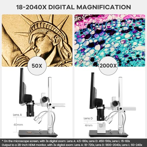 Andonstar AD249S HDMI Digital Microscope 10.1 Inch 2000x for Adults UHD Video Recorder 3 Lens 2160P Soldering Coin Biological Kit
