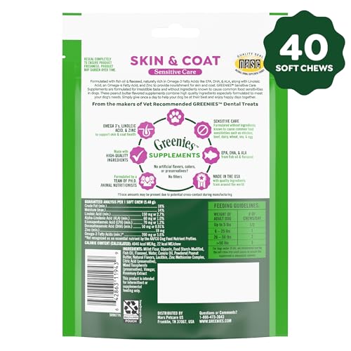 GREENIES SUPPLEMENTS DOG SKIN AND COAT SUPPLEMENTS WITH OMEGA 3 FATTY ACIDS & FISH OIL FOR DOGS, CHICKEN-FREE FORMULA, PEANUT BUTTER FLAVOR, 7.37 OZ, 40 COUNT