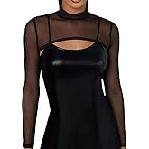 Amazleer Mesh Crop Tops for Women Mock Neck Long Sleeve Crop Top See Through Shirt Top Sexy Clubwear