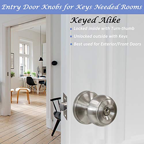 Brushed Nickel Keyed Entry Combo Door Knobs, Exterior Entry Door Handles Keyed Alike, Flat Ball Shape, Door Knobs Contractor Pack of 4