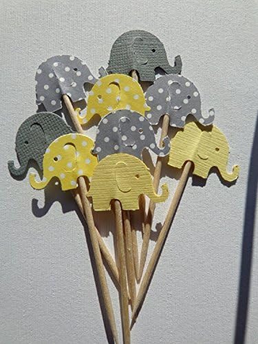 Light Yellow and Grey Elephant with Polka Dots Cupcake Toppers - Premium Handcrafted - Yellow and Gray Elephants - Baby Shower Appetizer Picks - Gender Neutral Shower - (Set of 24)