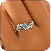 Yueyoer Halo Eternity Band Ring for Women 925 Sterling Silver Aquamarine Crystal Birthstone Stackable Rings 14k Plated Blue Cubic Zirconia Leaf Engagement Ring to Daughter Mother Wedding Jewelry Gift