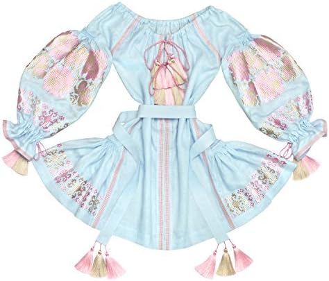 Plahta Short Dress with Wedges Linen Loose Tasseled Embroidered Long Sleeve Ethnic Ukrainian Vyshyvanka Crystal Roses