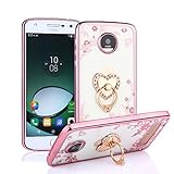 CaseHaven Moto Z Play Case, Glitter Crystal Heart Floral Series - Slim Luxury Bling Rhinestone Clear TPU Case With Ring Stand For Motorola Moto Z Play Droid - Rose Gold