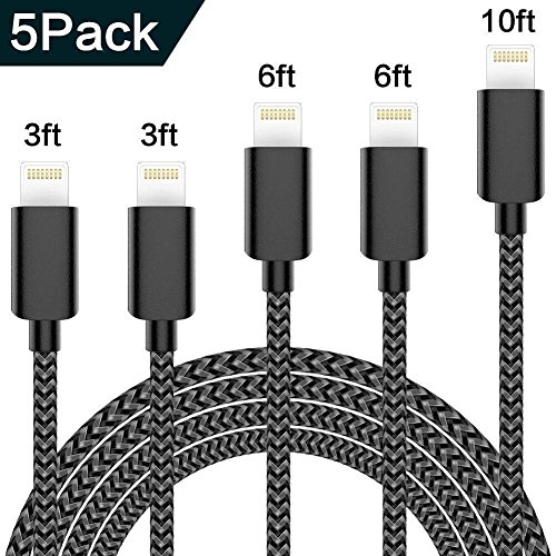 image for TNSO Phone Cable 5 Pack [3/3/6/6/10FT] Extra Long Nylon Braided USB Ch