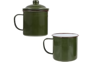 VOSAREA Vintage Military Green Enamel Mug Set 2pcs 8cm with Lid Without Lid Coffee Tea Cups for Home