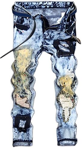 DigerLa Men's Painted Hiphop Pants Ripped Skinny Jeans Trousers Blue