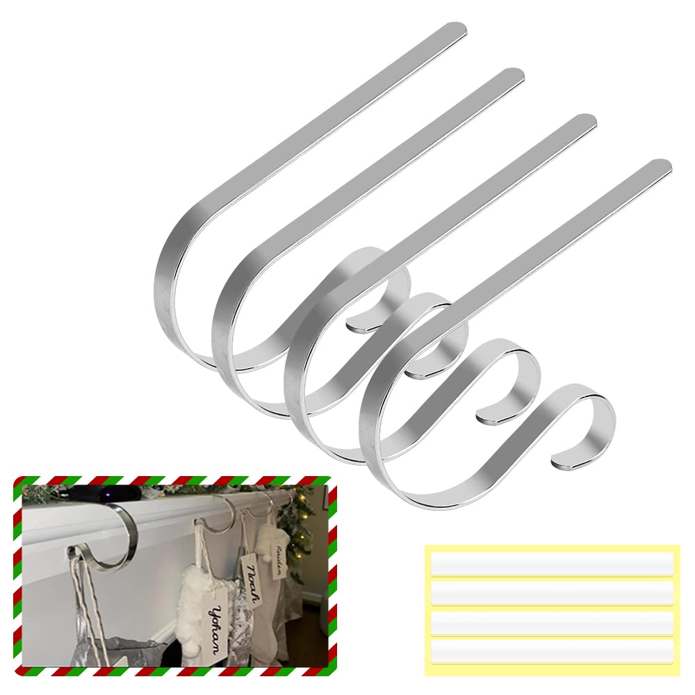 SNAGAROG 4 Pcs Christmas Stocking Holders Christmas Fireplace Hooks Metal Stocking Hanger Mantel Stocking Holder Hangers Clip Silver Fireplace Table Hooks for Mantel Fireplaces Hanging Decoration