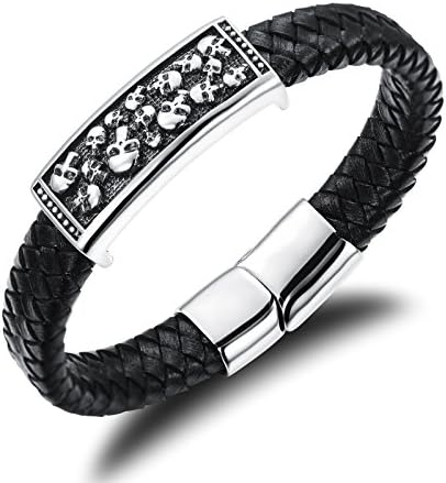 KingSix Unisex Black Braided Leather and 316L Stainless Steel Skull Magnetic-Clasp Bracelet KPH941