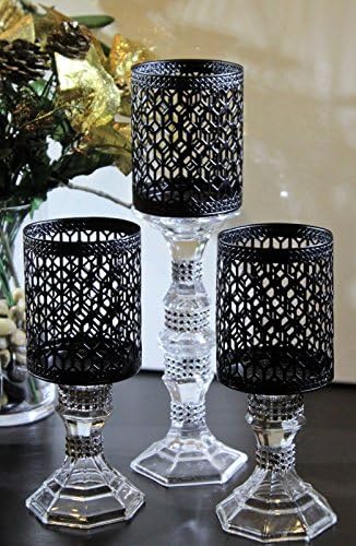 3 piece tall pair candle stick holders glass set solid clear glass black candle