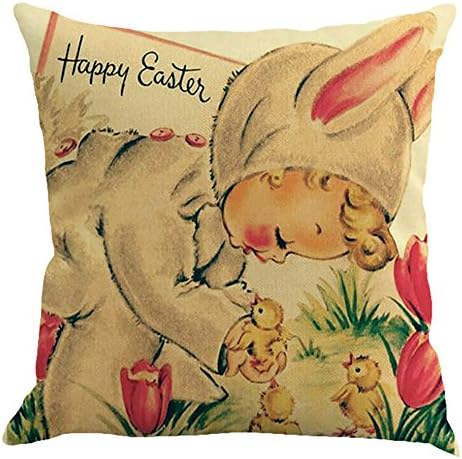 Easter Day Pillow Covers 18x18 Happy Easter Throw Pillow Case Square Decorative Pillow Case with Zipper Linen Cushion Cover for Festival Sofa Couch Decor (E)