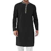 Runcati Mens Cotton Kaftan Robe Long Sleeve Button Down Henley Shirts Thobe Casual Side Split Gown Shirt