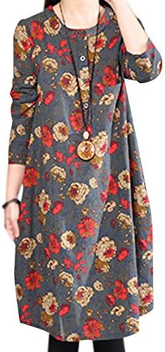 Hole Tide Women's Autumn Floral Cotton Linen Blouse Dress Grey Size US 8