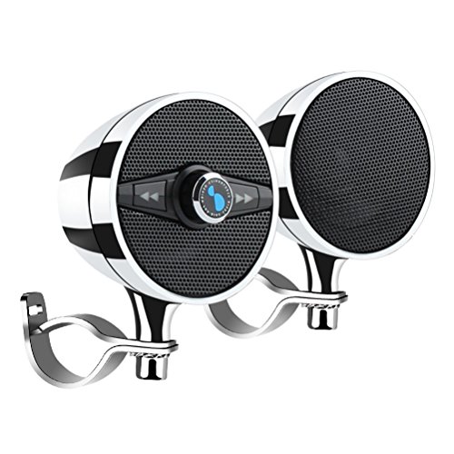 Motorcycle Audio Systems with FM Radio, Two 3 Inch Motorcycle bluetooth Speakers with USB Phone Charger, Bluetooth Amplifier For Motorcycles/ATV and 12 Volt Fit 7/8   to 1.25inch, Chrome