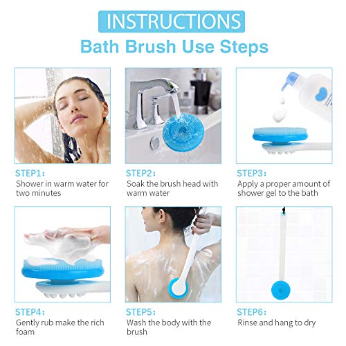 ELECTRAPICK Long Handle Bath Body Brush Ultra-soft Silicone Shower Brush Exfoliating 360°Free Rotate Soft Bristles Bath for Men and Women 15inches