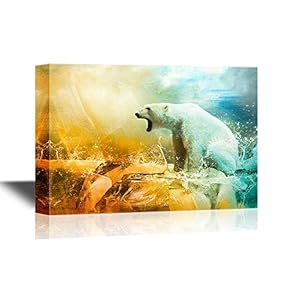 Wild Animal Canvas Wall Art - White Polar Bear Hunter on The Ice in Water Drops - Gallery Wrap Modern Home Art | Ready to Hang - 12x18 inches