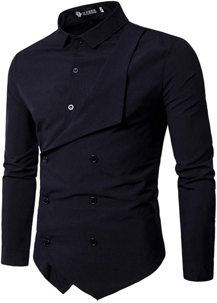 Men's Personality Double-Breasted Fake Two-Piece Long-Sleeved Shirt ...