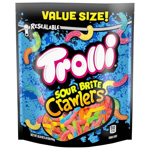 TROLLI SOUR BRITE CRAWLERS, CANDY, CHERRY-LEMON, STRAWBERRY-GRAPE & ORANGE-LIME, SWEET AND SOUR, GUMMY WORMS, 28.8 OZ