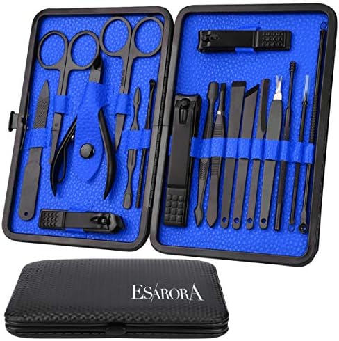 Manicure Set, ESARORA 18 In 1 Stainless Steel Professional Pedicure Kit Nail Scissors Grooming Kit with Black Leather Travel Case