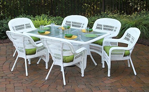 Tortuga Outdoor PSD-66-WH HALIW 7 Piece Portside Dining Set with Coastal White Wicker &amp; Haliwell Caribbean Cushions