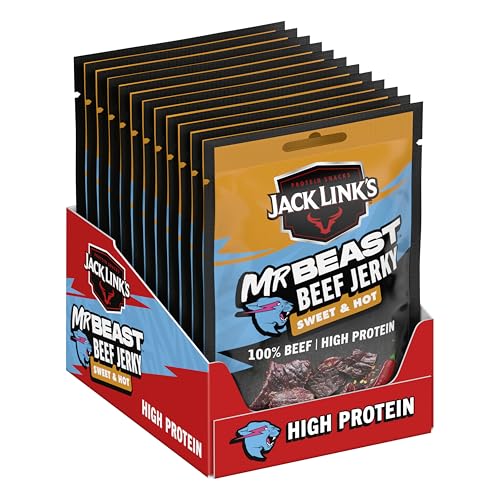 Jack Links Beef Jerky, Sweet & Hot Flavour, Multipack of 12 x 25g Bags, High Protein Meat Snack, Sweet Seasoning and Hot Spices