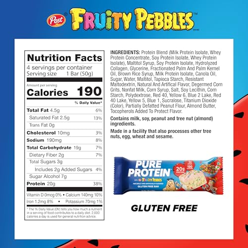 PURE PROTEIN FRUITY PEBBLES™ PROTEIN BARS – 20G PROTEIN, 3G SUGAR, 190 CALORIES (4 COUNT) LOW SUGAR* HIGH PROTEIN SNACK – GLUTEN FREE – PERFECT FOR A HEALTHY SNACK.