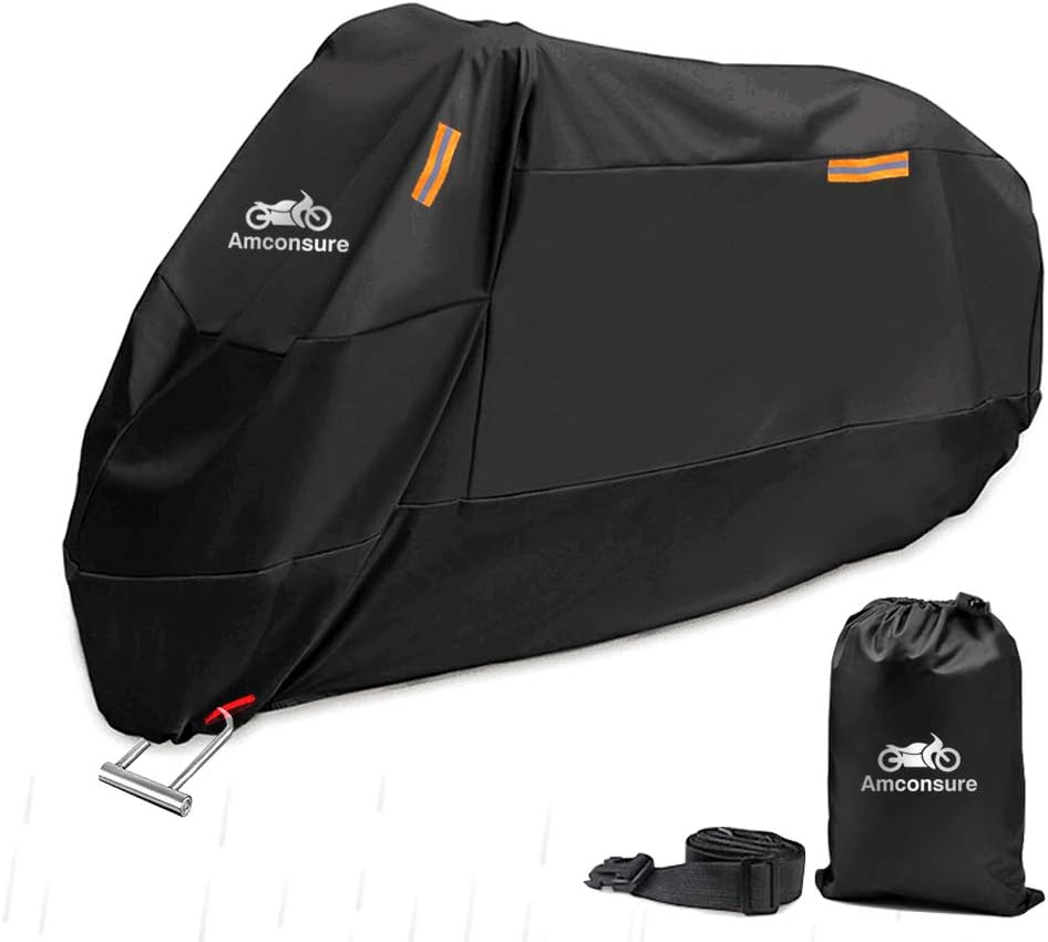 Amconsure Motorcycle Cover,Motorcycle Cover Waterproof Outdoor with Lock-Holes & Storage Bag,21D Oxford Durable & Tear Proof,All Weather Outdoor Protection Motorcycles Vehicle Cover (105 x 50 x 42 In)