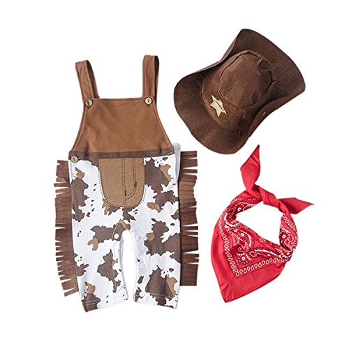 Jojobaby Baby Boy Suspender Outfit Romper Overall Hat 3pcs Cowboy Costumes