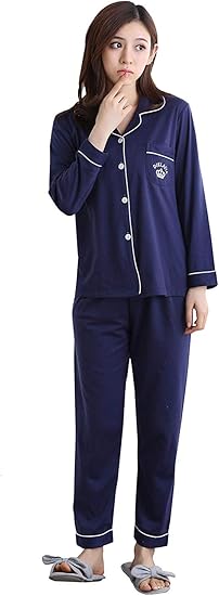 Amazon Mymhレディース パジャマ 長袖 綿100 開襟 上下セット ルームウェア 部屋着 長袖 寝間着 セット 通気 寝間着 便利服春秋冬 Blue蓝色 L パジャマ ルームウェアセット 通販