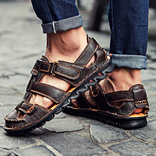 Yomiafy Men's Sandals Summer Outdoor Leather Fisherman Shoes Closed Toe Casual Beach Sandals(Brown,US:10.5)