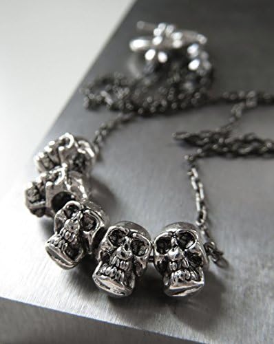 Goth Skull Necklace - Halloween Necklace Jewelry - 5 Five Teeny-Tiny Silver-Tone Skulls on Black Gunmetal Chain